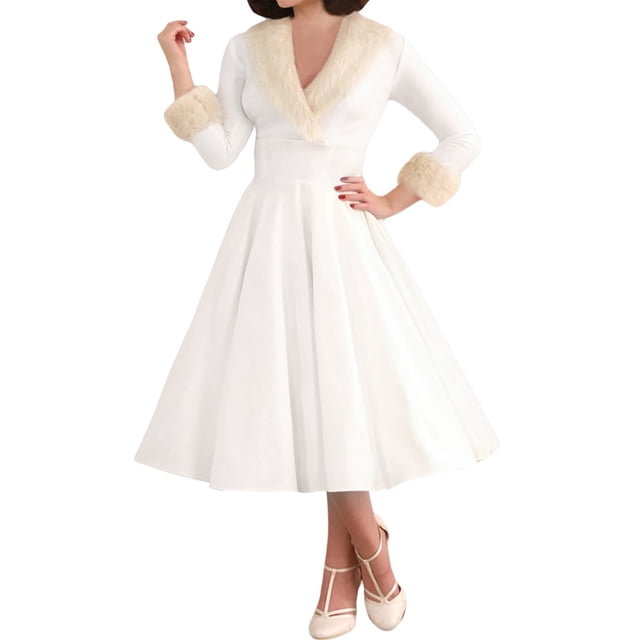 2025 Robe Longue de Noël pour Femmes à Col Montant, Manches, Col en Cheveux, Robes Quotidiennes, Décolleté Plongeant, Tempérament