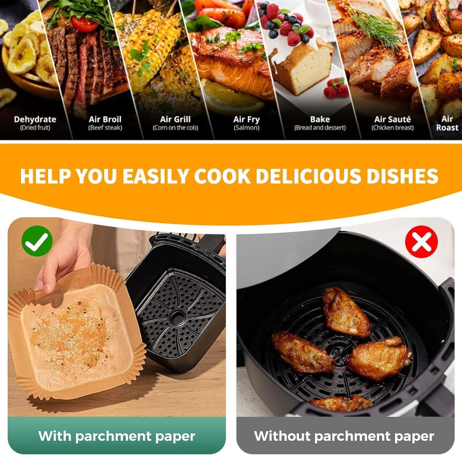 Air Fryer Liners Disposable 150Pcs, 8" Square Parchment Paper Liner for Fryer, Baking, Roasting and Microwave, Non-Stick Airfyer Accessories