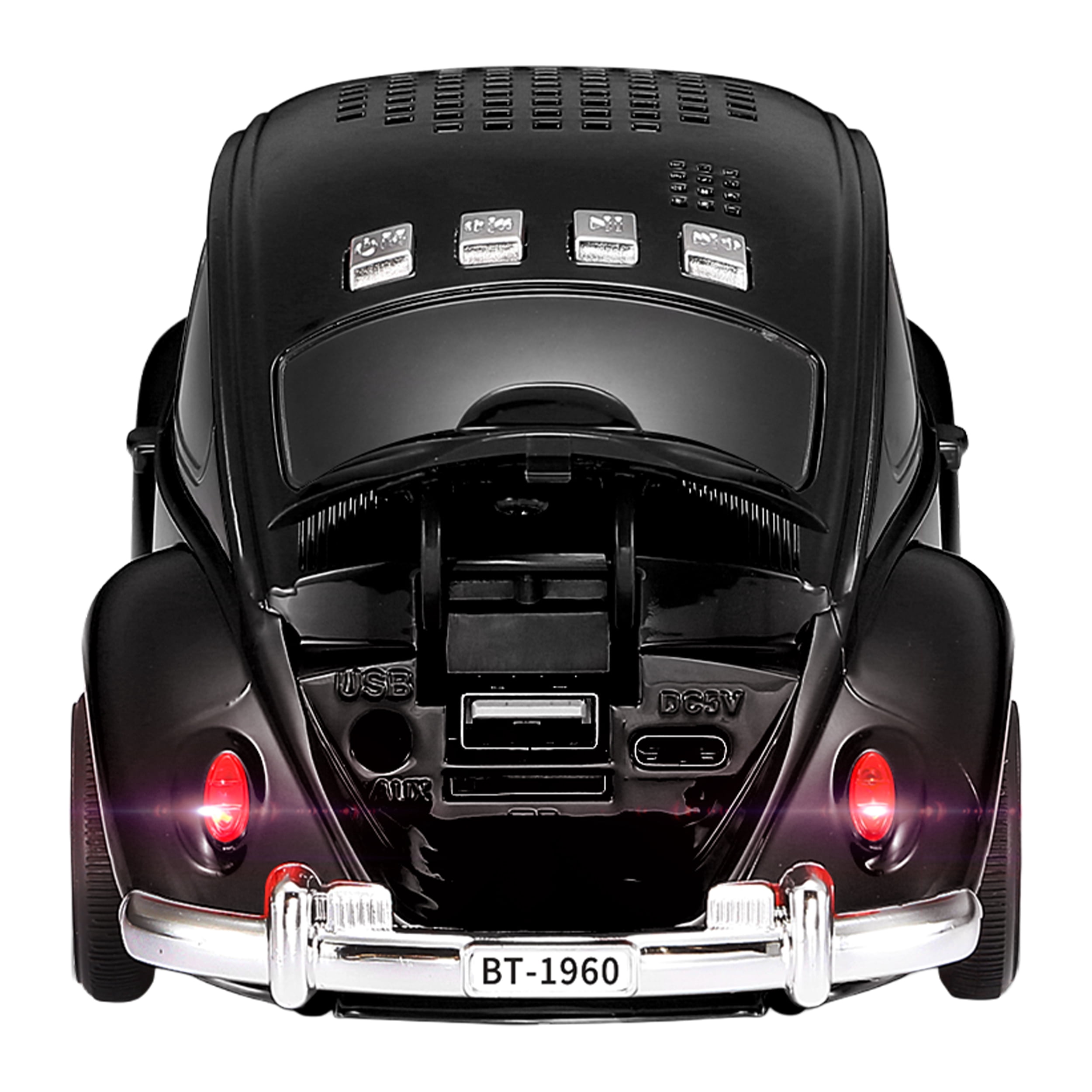 QFX Bluetooth 1960 Bug Retro Car Replica Speaker, 3-inch Speakers, Hands Free Link, Built-in Microphone, FM Radio and LED Party Lights, Black - BT-1960-BLK