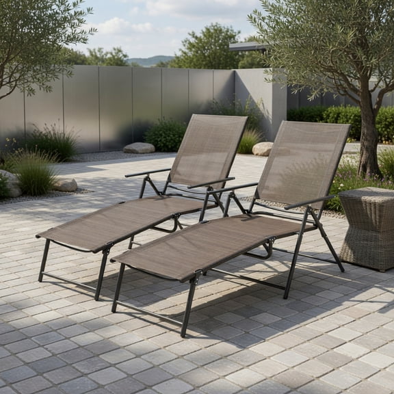 2-Pack Foldable Patio Chaise Lounge Chairs with 6-Position Reclining Backrest – Coffee Color Metal Outdoor Loungers for Pool, Backyard & Balcony