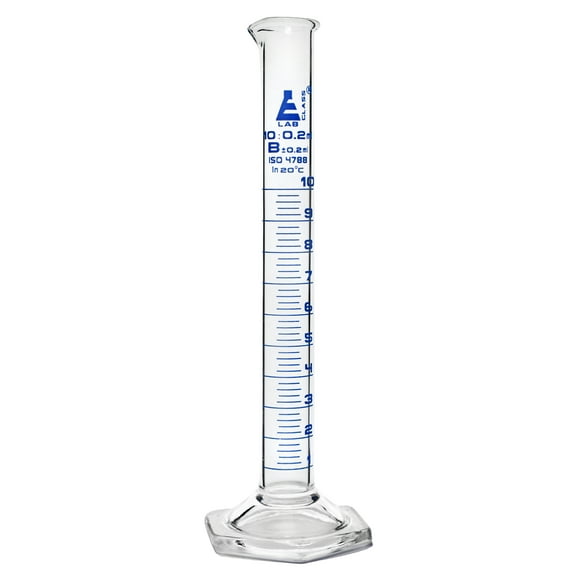 Graduated Cylinder, 10ml - Class B Tolerance ?0.20ml - Hexagonal Base - Blue Graduations - Borosilicate 3.3 Glass - Eisco Labs