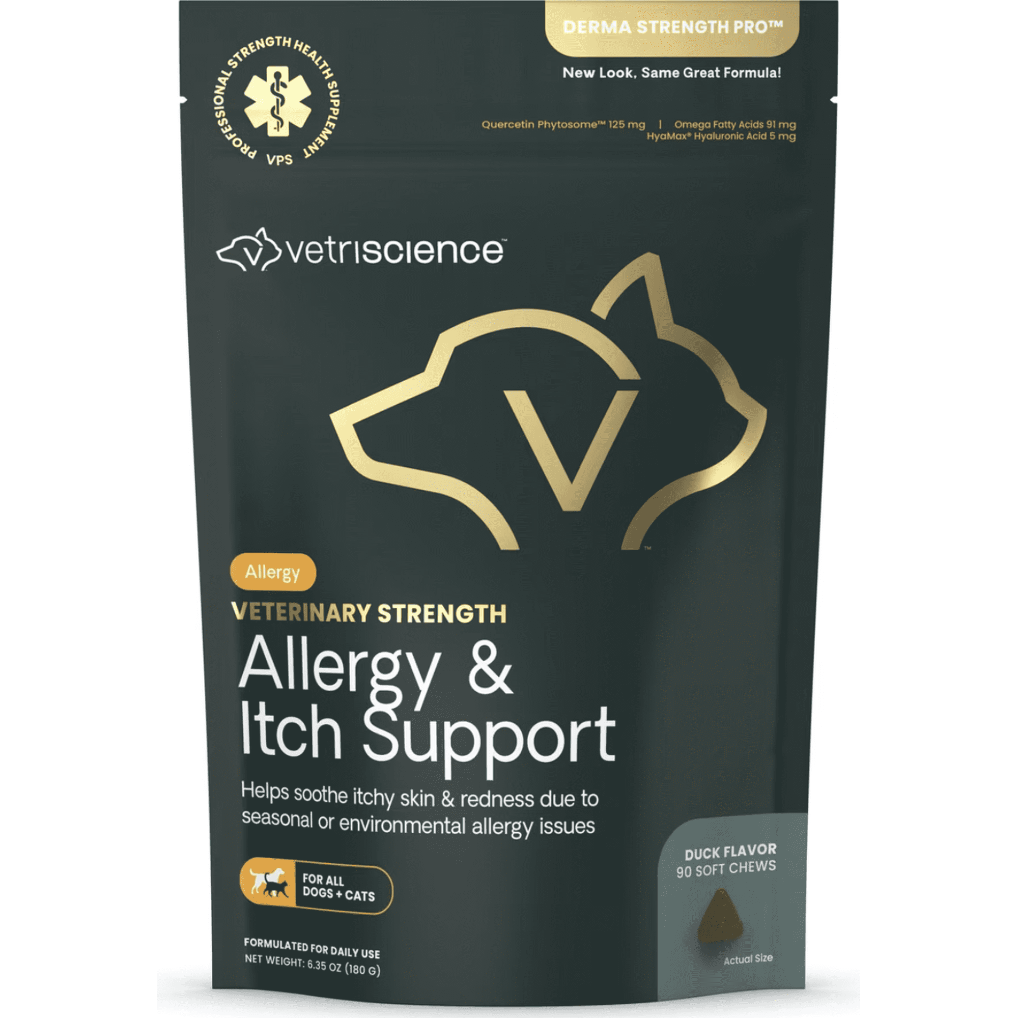 VetriScience Allergy & Itch Support Derma Strength Pro Duck Flavored Soft Chew for Cats & Dogs, 90 count