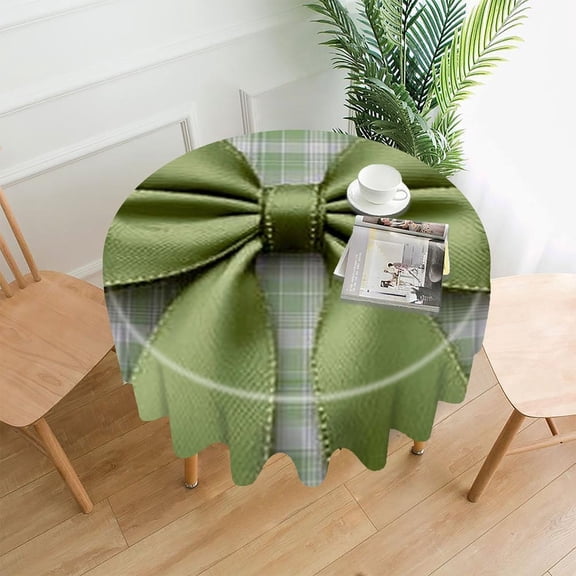 RKSupls 60 Inch Round Tablecloth, Green Plaid Bow Premium Polyester Straight Edge Wrinkle Resistant Washable Table Cover for Party Home Dining Decor
