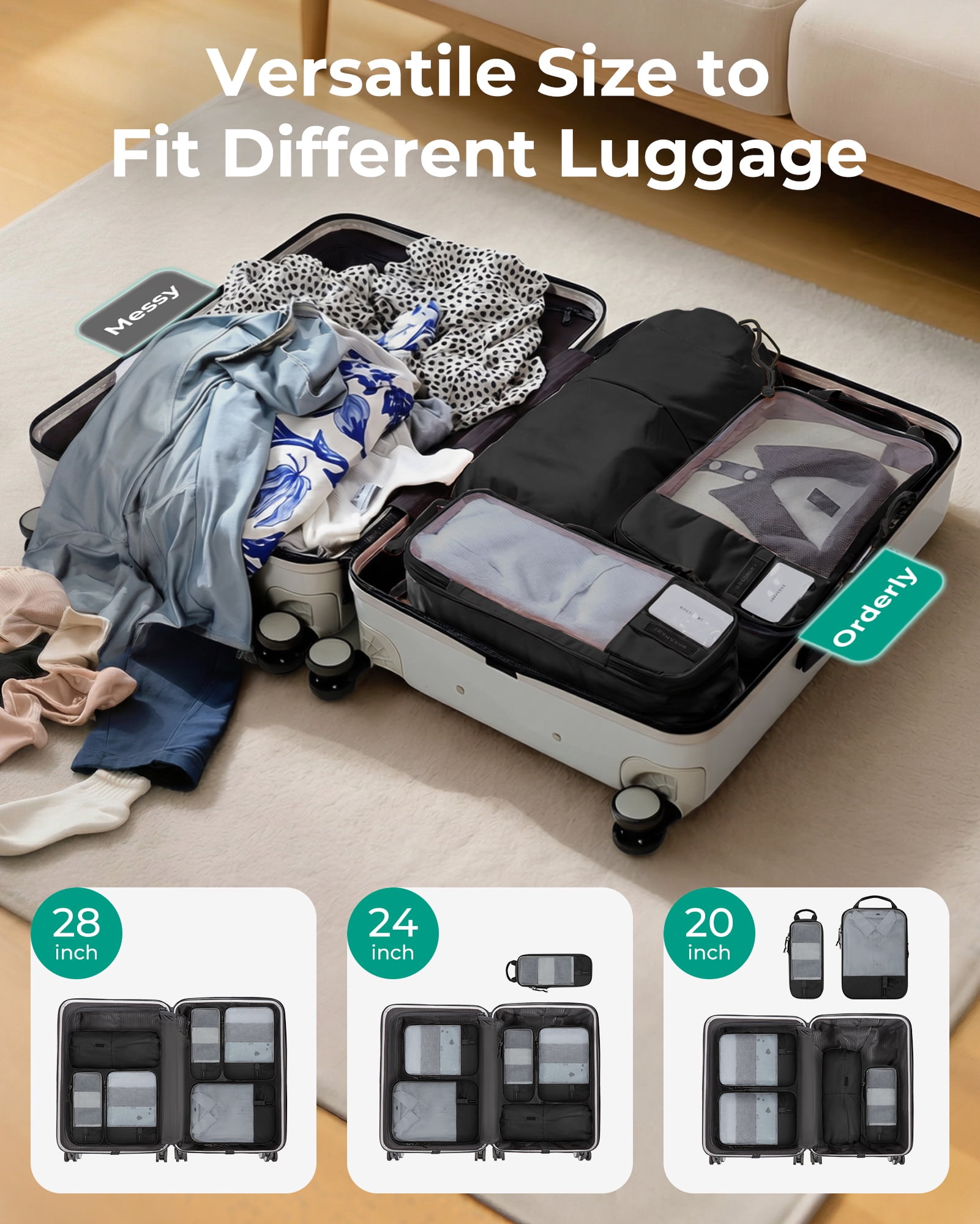BAGSMART Compression Packing Cubes for Travel Luggage, 6 Pcs Expandable Packing Organizers Foldable Lightweight Suitcase Storage Bags for Travel Accessories, Women Men, Black