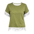 thumbnail image 4 of Uootdi Beach Tops for Women Crew Neck Short Sleeve Fringe Trim Cuff And Hem Polka Dot Print Soft Knit Boho Tops for Women Loose Fit Beach Vacation Lightweight Airy Womens Tees, 4 of 6