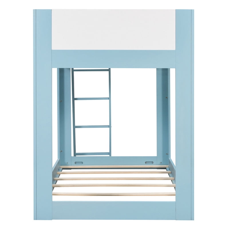 Twin-Over-Twin Low-Profile Bunk Bed with Guardrails, Wooden Kids Bed with Reversible Ladder, Accent Two-Tone Bed Frame
