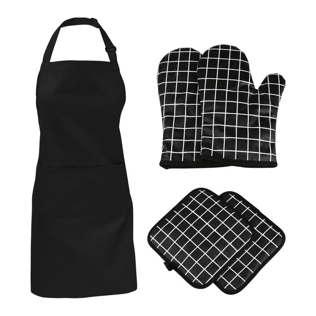 5 Pcs Gants de Four avec Poche et Tablier Doublure en Coton Surface en Silicone Résistant à la Chaleur
