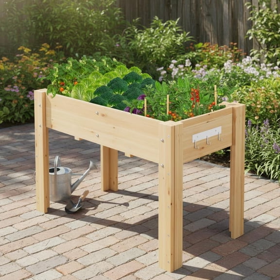 EuKer 46.06" Long Planter Box, Raised Garden Planter with Legs and Hooks for Vegetables, Herbs, Flowers, Natural Wood