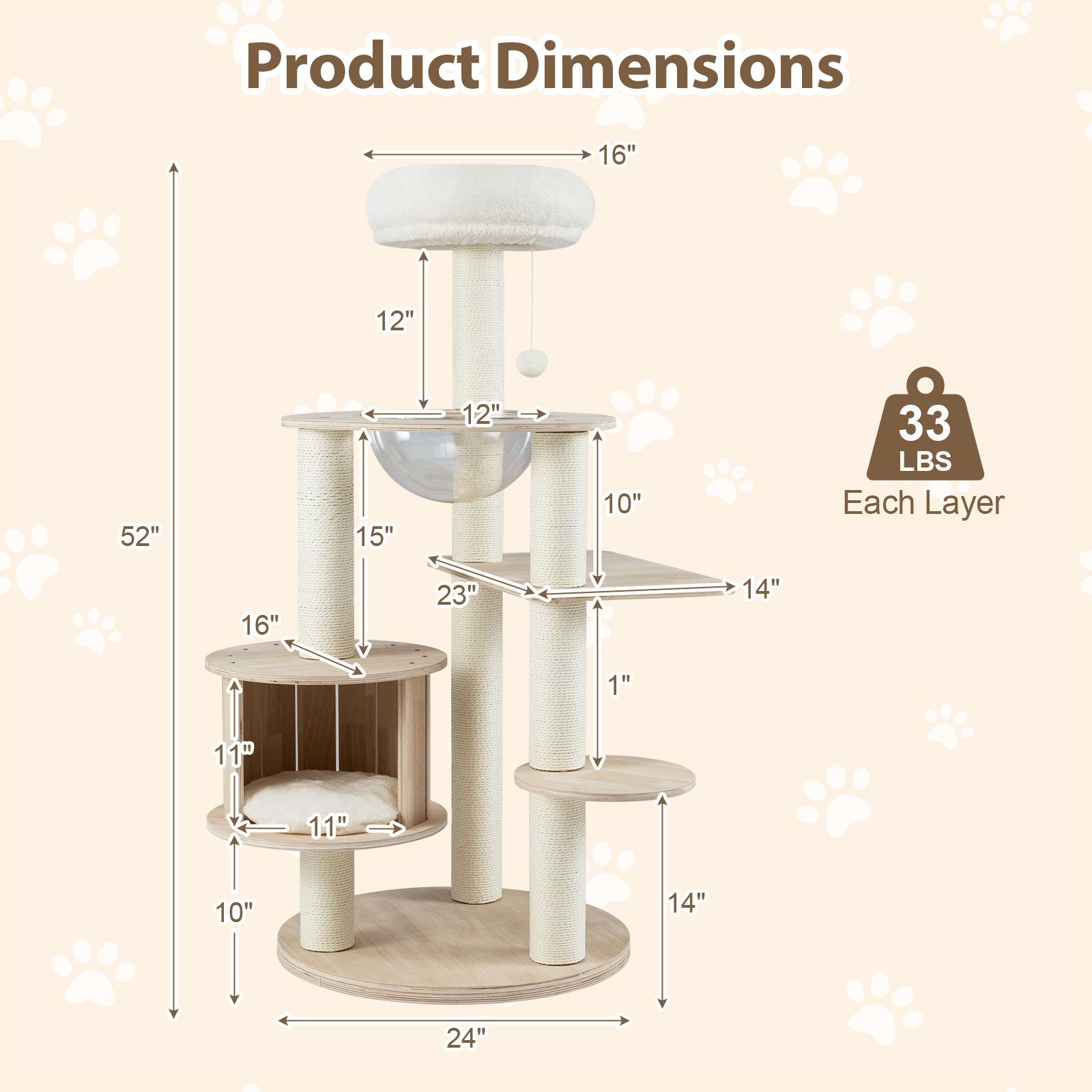 Gymax 52'' Tall Wooden Cat Tree w/Condo Perch Space Capsule Scratching Posts