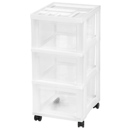 IRIS 3-Drawer Storage Cart with Organizer Top with Wheels, Plastic, White