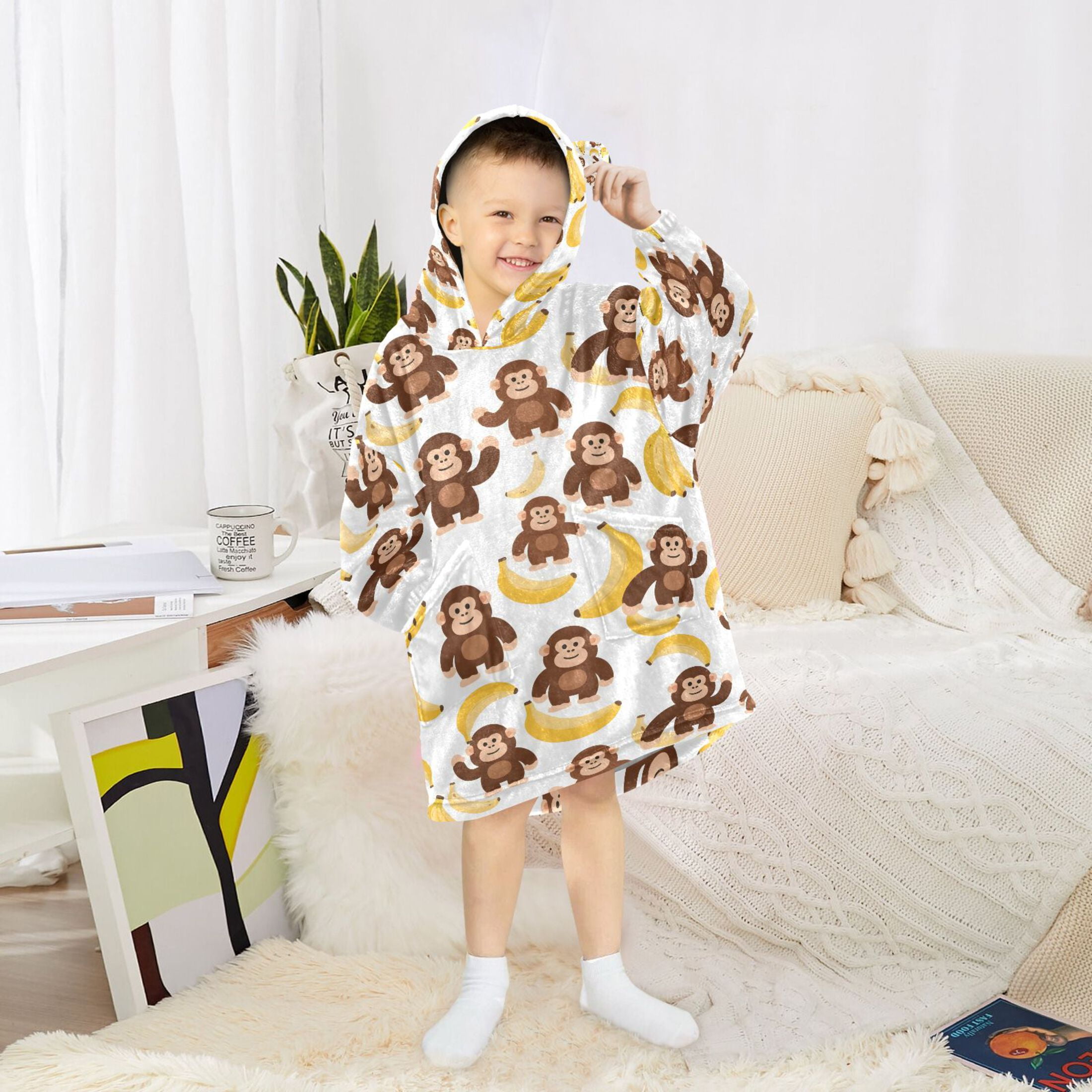 joogoo Wearable Blanket Hoodie for Cartoon Monkey Bananas Cute Oversized Sherpa Hooded 3-14 YR M