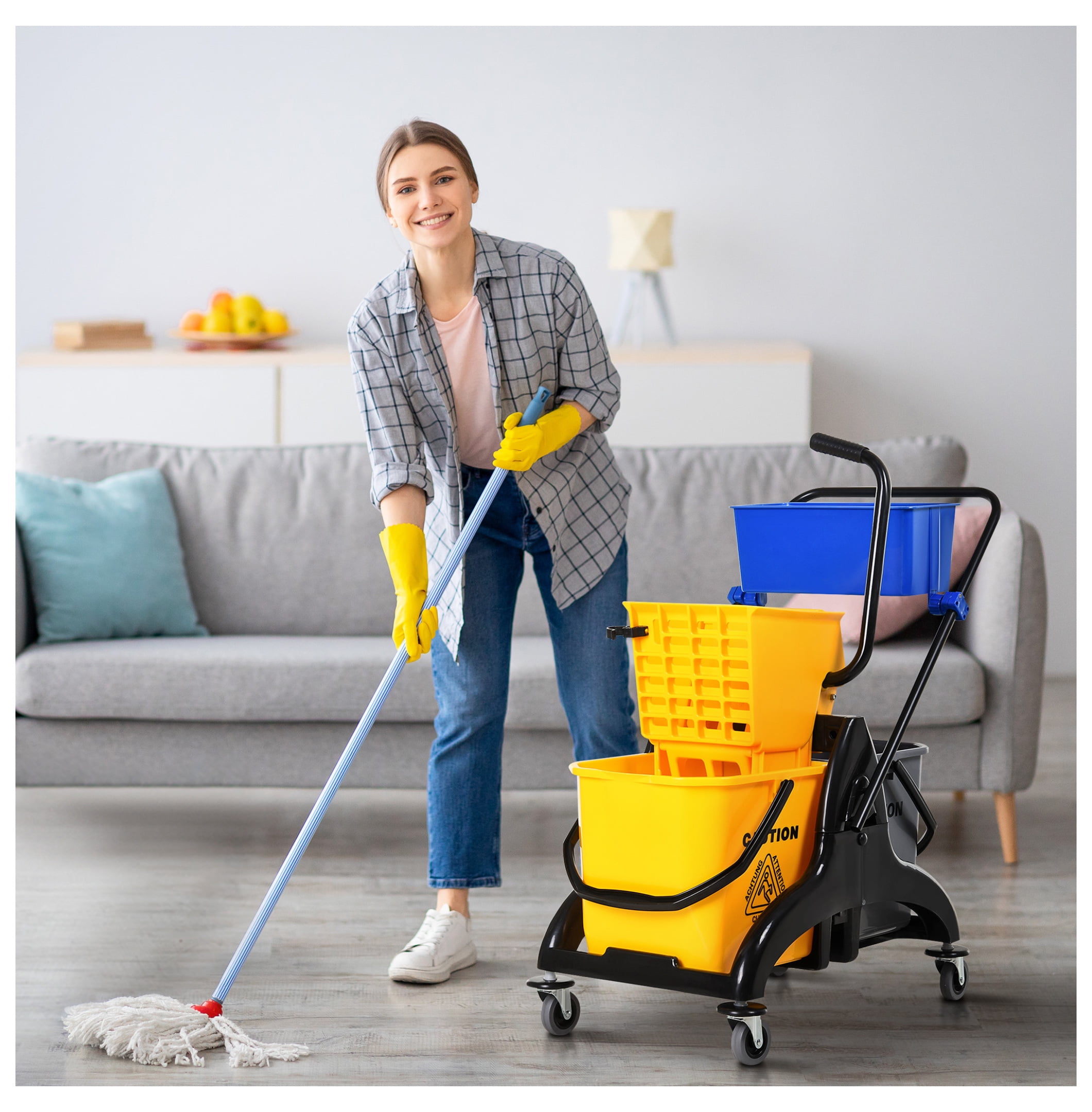 6.9 Gallon Mop Water Bucket Wringer Cart with Easy to Use Side Press Wringer, Smooth Wheels, Mop-Handle Holder