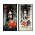 thumbnail image 2 of Designart "Vintage Oriental Beauty with Lotus Flower II" Japon Woman Framed Wall Art Set Of 2 - Glam Red Framed Wall Art Set Of 2, 2 of 6