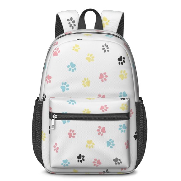Dog Paw Print White Pattern 17" Waterproof Oxford School Backpacks for Teens, S-Shape Padded Straps, for School, Travel, Hiking, Camping