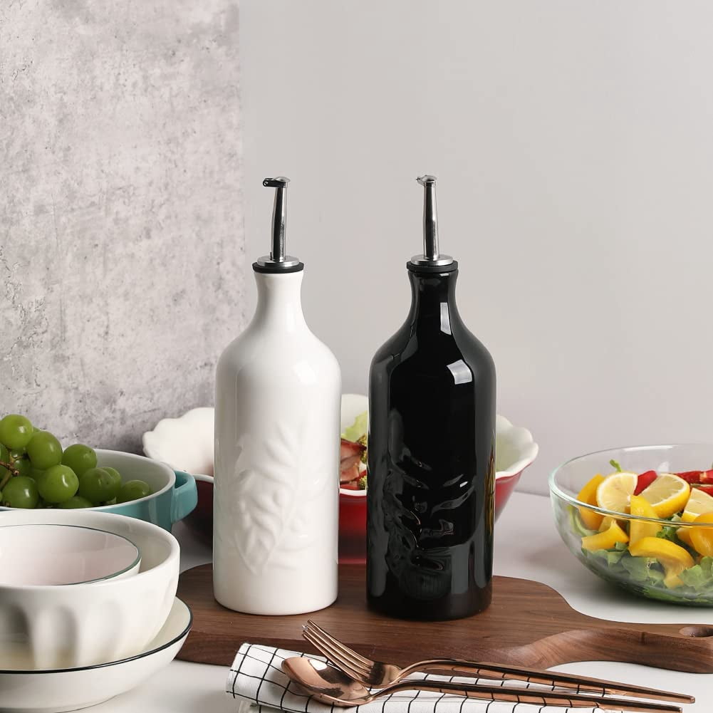 Ceramic 20 Oz Olive Oil Dispenser Bottle, Relief Opaque Oil Cruet, Suitable for Storage Oil, Vinegar, Soy Sauce, Coffee Syrup, Liquids, Set of 1 (White)