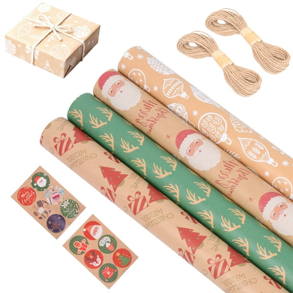 Oziral Christmas Holiday Wrapping Paper Set for Men Women Boys Girls Kids 4 Rolls Snowman Santa Tree Antler Ribbons Stickers Gift Wrap Paper for Christmas Holiday New Year Party Celebration 17x118 IN