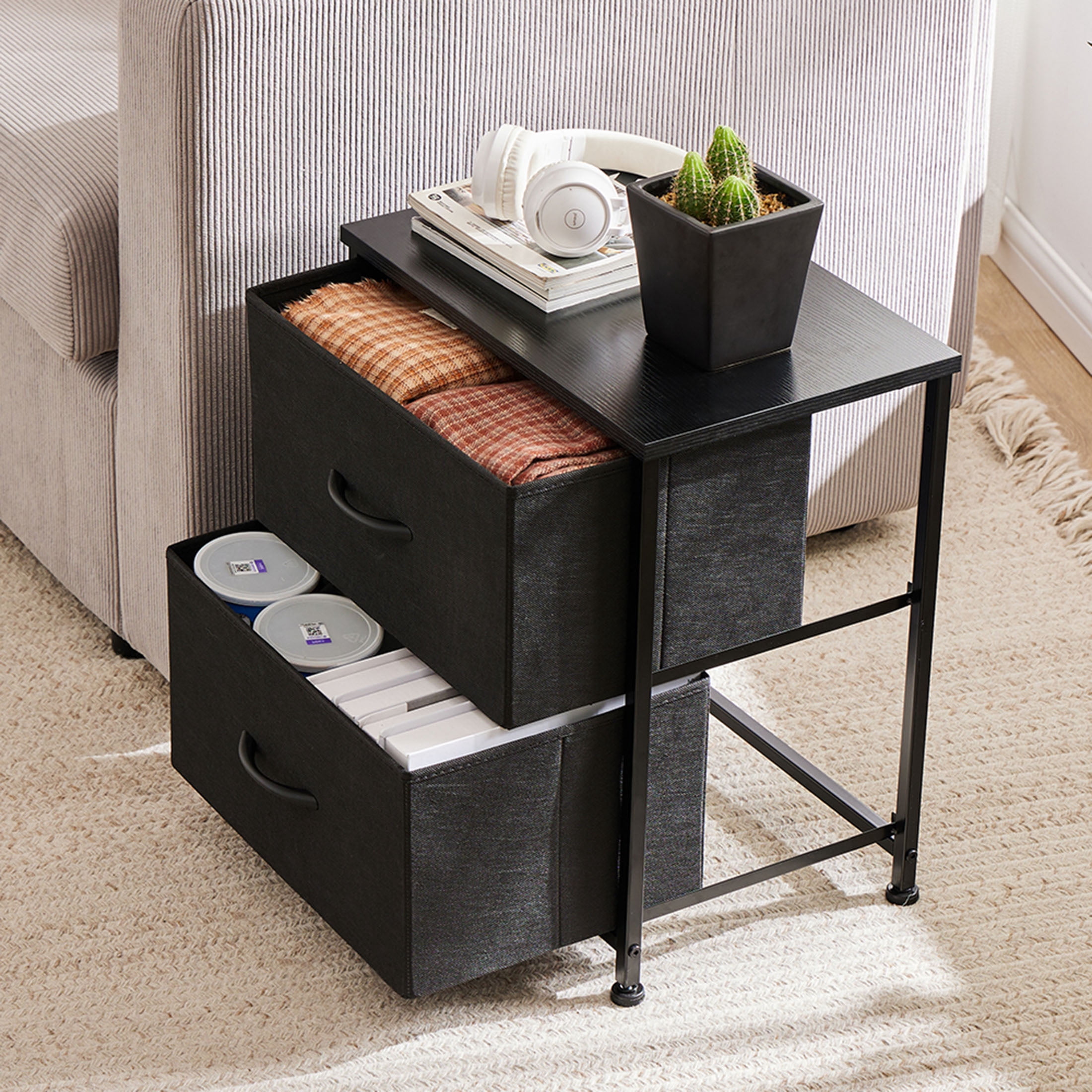 JOINSUN Bedside Table, Side Table, Fabric Narrow Drawer Cabinet, Chest of Drawers, Industrial Style for Living Room and Bedroom, Black