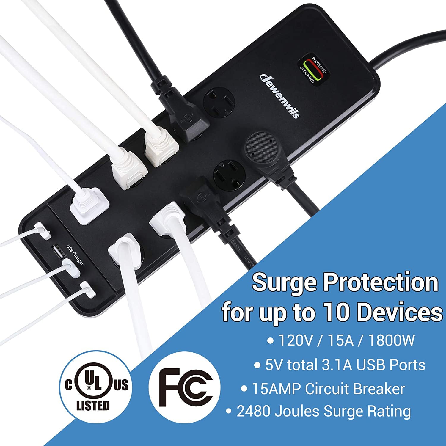 Surge Protector Power Strip Flat Plug 15A 9.8Ft Extension Cord with 4 USB Ports