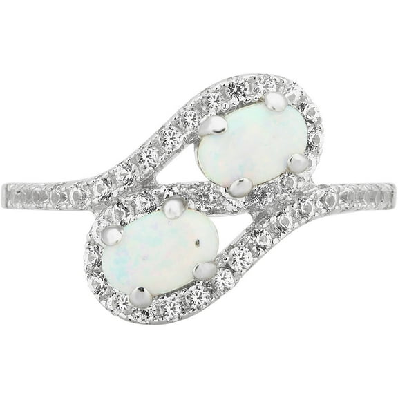 Created Opal and White Sapphire Gemstone Sterling Silver Two stone Ring