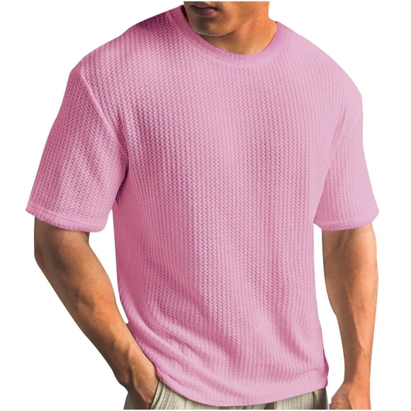 Brnmxoke V Tshirts Shirts for Men Casual Crewneck Short Sleeve Knit T-Shirts Textured Loose Fit Pullover Solid Tops Pink,L