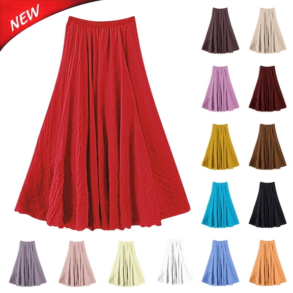 Tqyyweavej Women's Linen Skirts High Waist Flowy A-Line Midi Skirt Solid Color Loose Elastic Rised Skirts for Women, Free Size