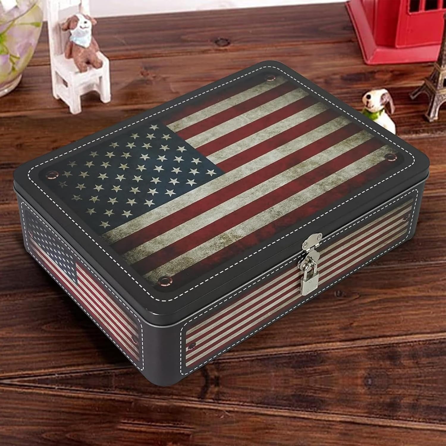 MY Decorative Storage Box, 12''L X 9''W Metal Keepsake Container Case with Lock and Key & Small Handheld Tin Box Home Decoration (Vintage American Flag)