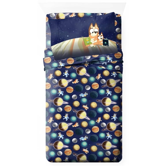 Jay Franco Kids Sheet Set with Fitted, Flat Sheets & Pillow Cover - Ultra-Soft Bedding with Pillowcase for Room Decor, Blue - Bluey & Bingo, 3 Piece Toddler