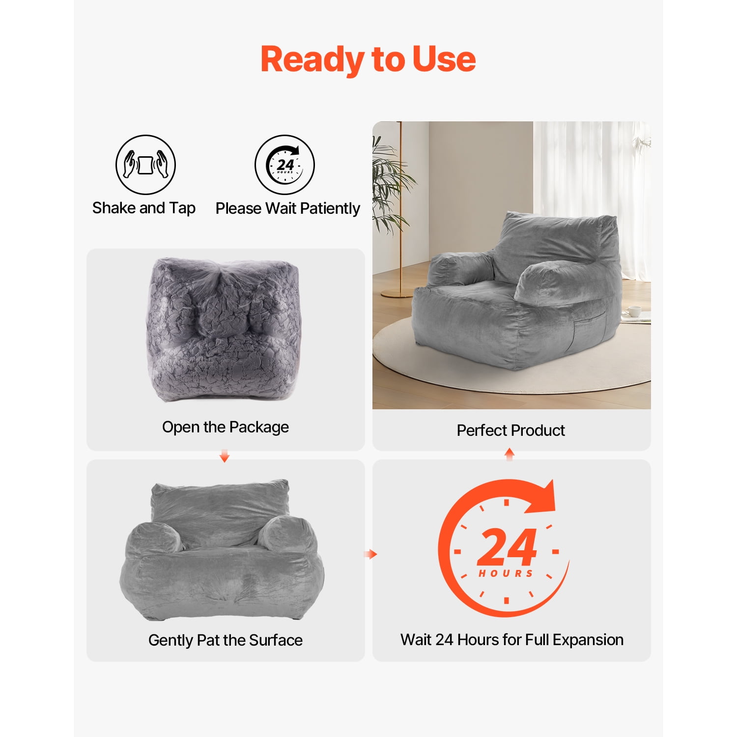 KFFKFF Bean Bag Seat, Armchair Style BeanBag for Grown-ups, Soft Plush & Dense Foam Stuffed Adult Bean Bag with Zapper, Cozy Lounging Chair Perfect for Lounge, Bedroom, in Grey