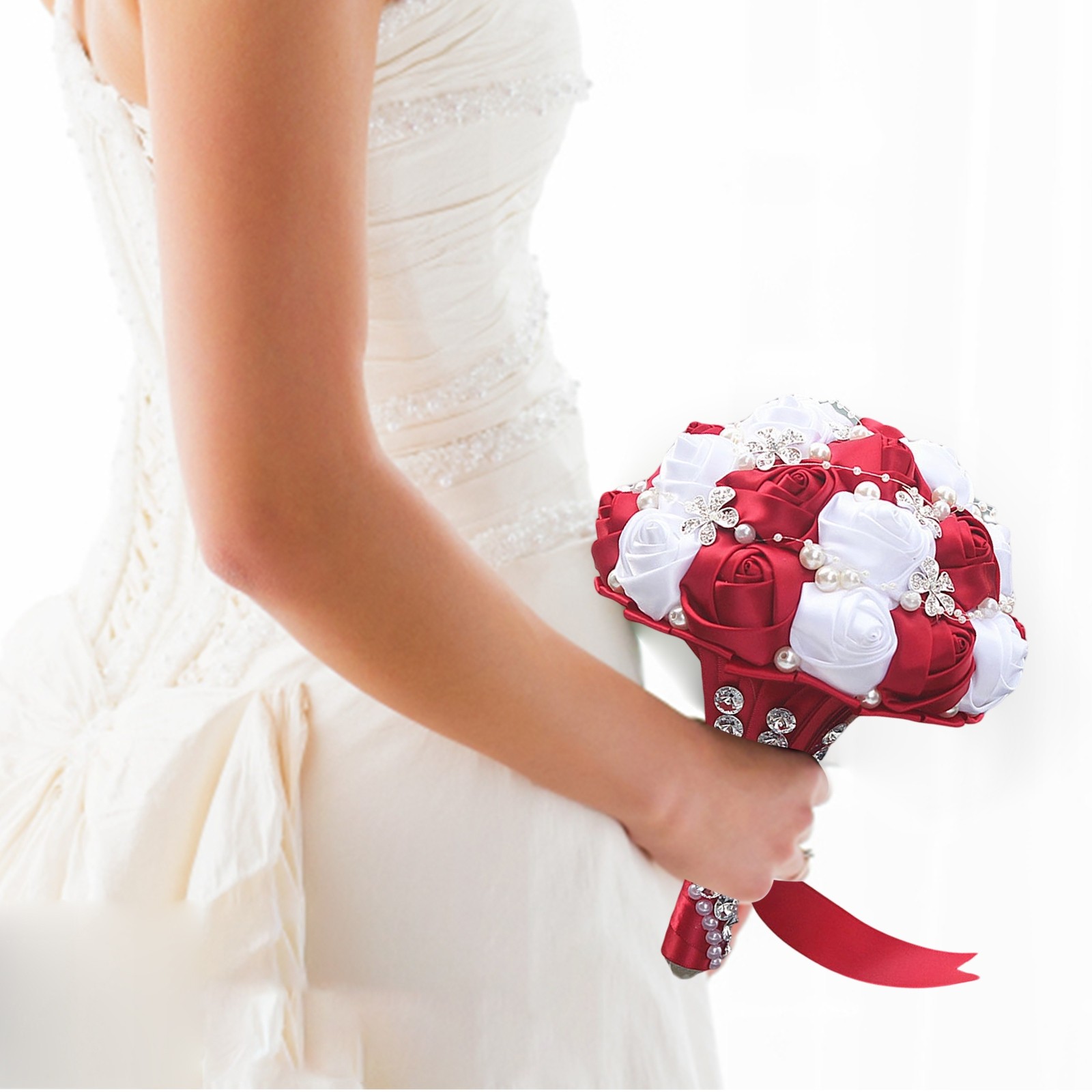 Royal Bridal Bouquet Handmade with Satin Roses & Pearls - Wedding Bouquet Holder for Bride and Bridesmaids, Rhinestone Wedding Flower Arrangements in Ivory White