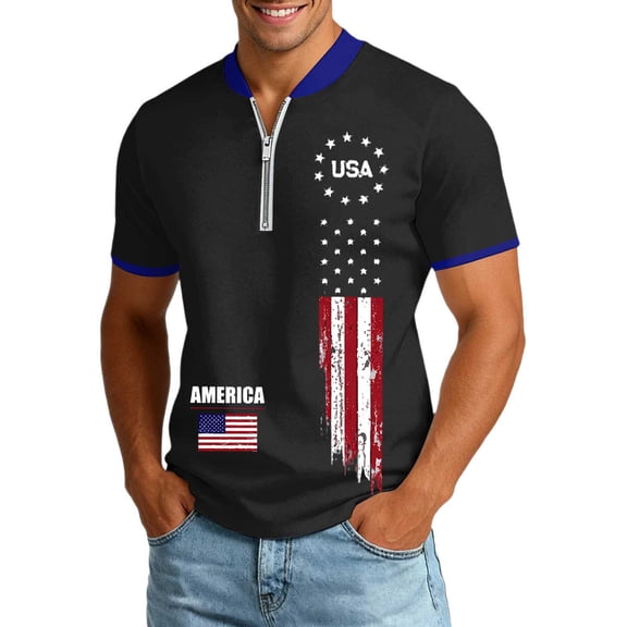 xfsWaSs 4th Of July Shirts For Men American Flag T-Shirt Casual Half Zip Short Sleeve T Shirt Tops Patriotic Independence Day Celebration Trendy Tee Shirt