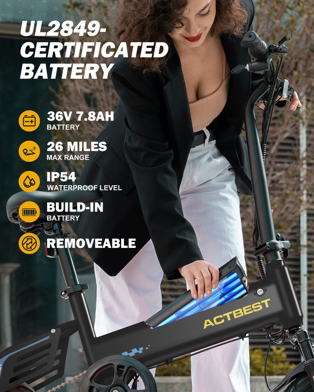 Actbest Electric Bike for Adults 750W Peak Motor, 14-inch Folding Mini Ebike, E Bicycles with 20MPH UL2849 280.8Wh Built-in Battery, 26 Miles PAS Range, Small E Bikes for Teens & Adults (Black)