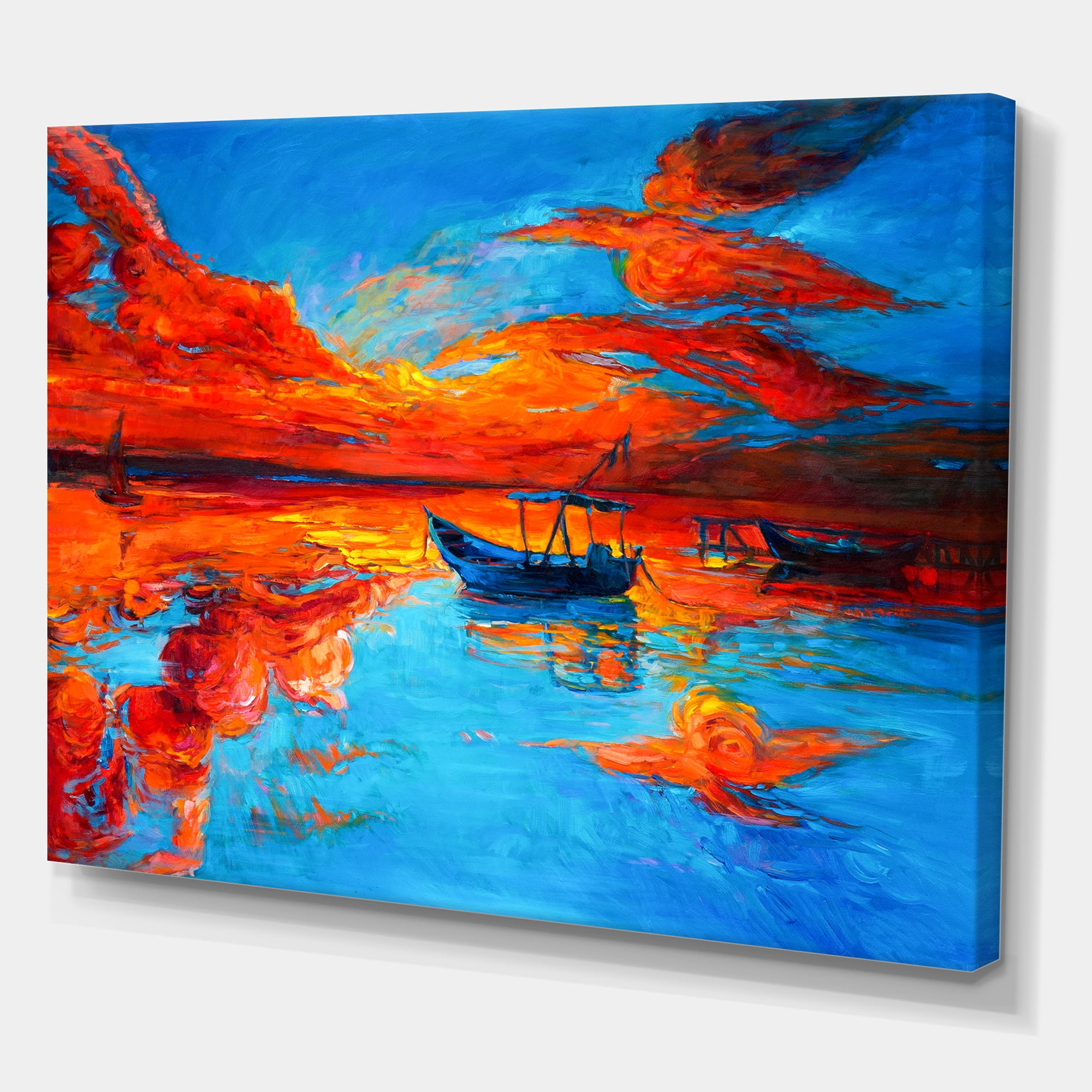 Designart ' Boats During Warm Sunset Resting On The Water VI ' Nautical & Coastal Canvas Wall Art Print
