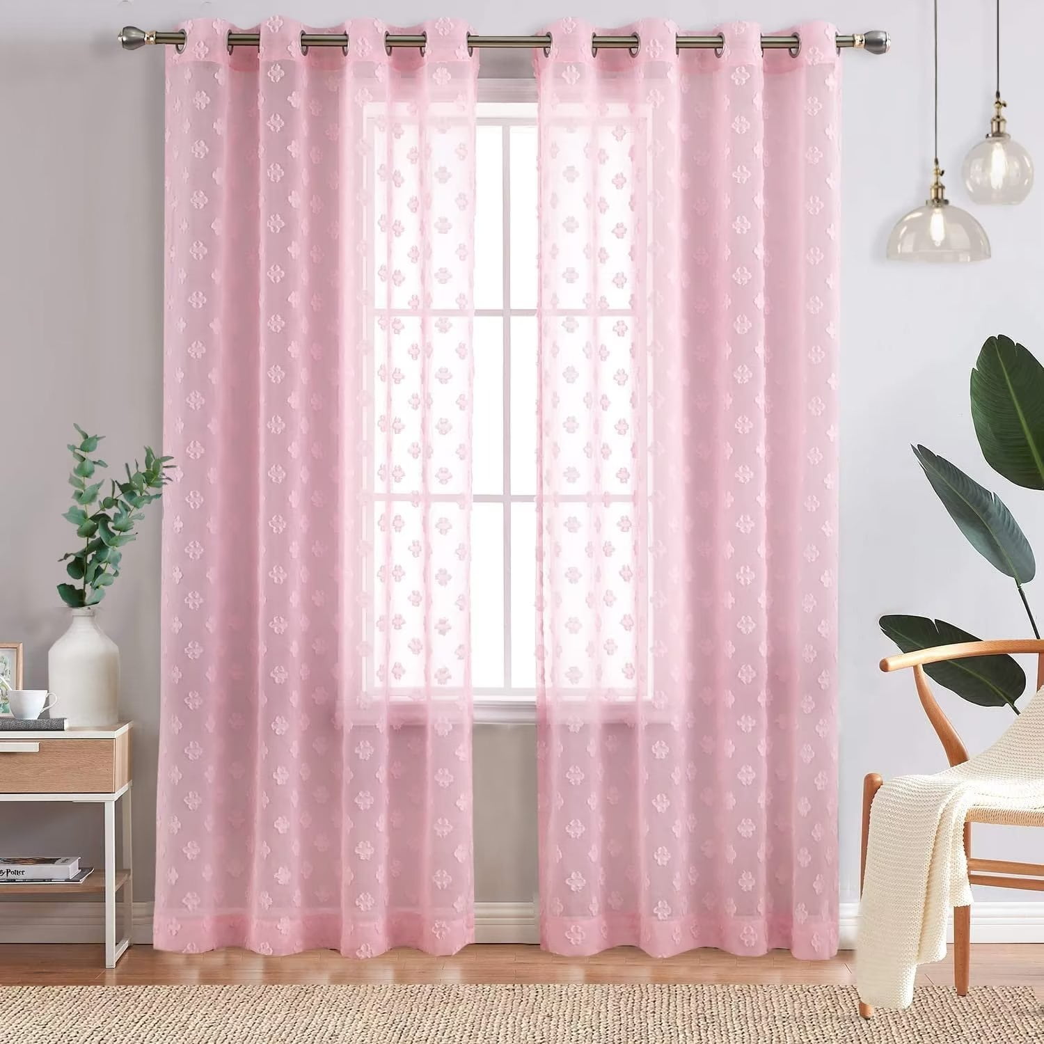 Haperlare Pink Sheer Curtains 52"Wx84"L Grommet Pom Pom Sheer Curtains