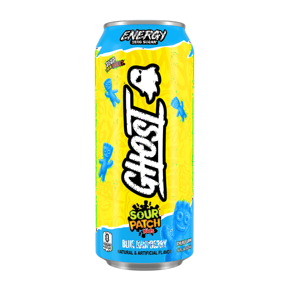 Ghost Zero Sugar Sour Patch Kids Blue Raspberry Energy Drink, 200mg Natural Caffeine, 16 fl oz, Can-4pack