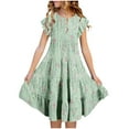 thumbnail image 1 of Zpanxa Robes d'Été pour Filles Manches Courtes Manches Volantées Col Rond Imprimé Floral Taille Poche Robe à Étages Polyester Spandex Vert 8 Ans, 1 of 4