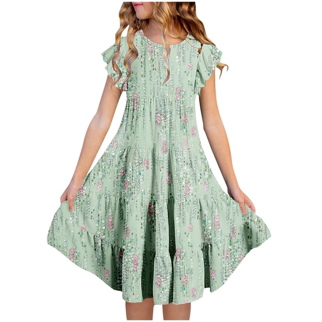 Zpanxa Robes d'Été pour Filles Manches Courtes Manches Volantées Col Rond Imprimé Floral Taille Poche Robe à Étages Polyester Spandex Vert 8 Ans