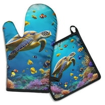 Sea Turtle Sjellyfish Kitchen Oven Mitt and Pot Holder Sets 2 Pcs for Baking, Cooking and Grilling, Heat Resistant Up To 392 °F