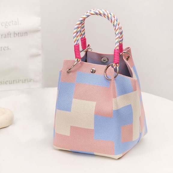 Women's Handbag Checkered Knit Handbag with Braided Handle Multi-Color Pattern Small Knitted Bucket Bag Womens Purses