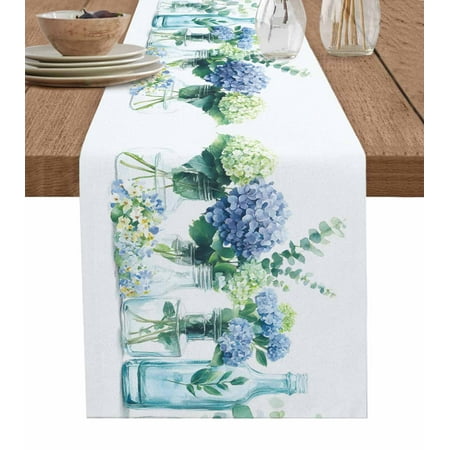 

Table Runner Dresser Scarf 13 x 120 Inch Spring Floral Watercolor Hydrangea Leaves Plant Bottle Table Runners Non-Slip Heat Kitchen Dining Table Decor for Indoor Outdoor Home Party Decoration