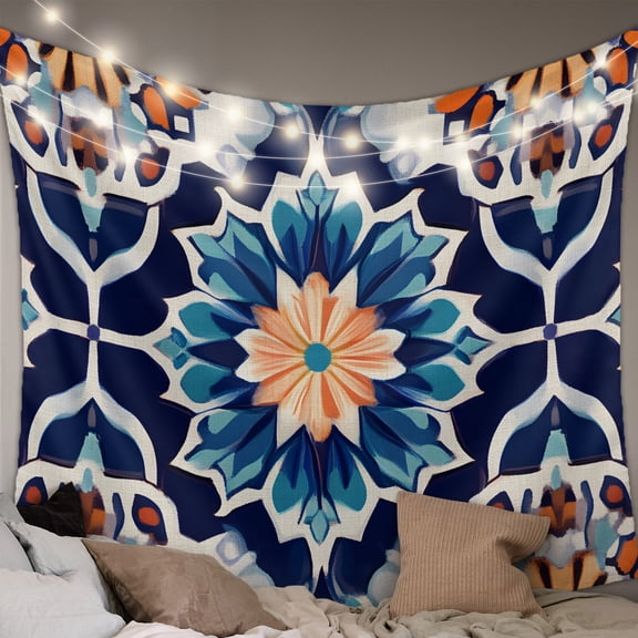 Orange Blue Small Tapestry for Bedroom Wall Hanging Tapestry,Morocco Boho Abstract Floral Ethnic Tribal Ceiling Backdrop Tapestries Poster Blanket Wall Decor for Teens Room Living Room Dorm 23" x 28"