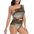 thumbnail image 3 of Gaeub Three Horses Oil Painting Women's One Shoulder Ruffle Tummy Control Swimwear for Swimming Surfing Beach Party - Medium, 3 of 8