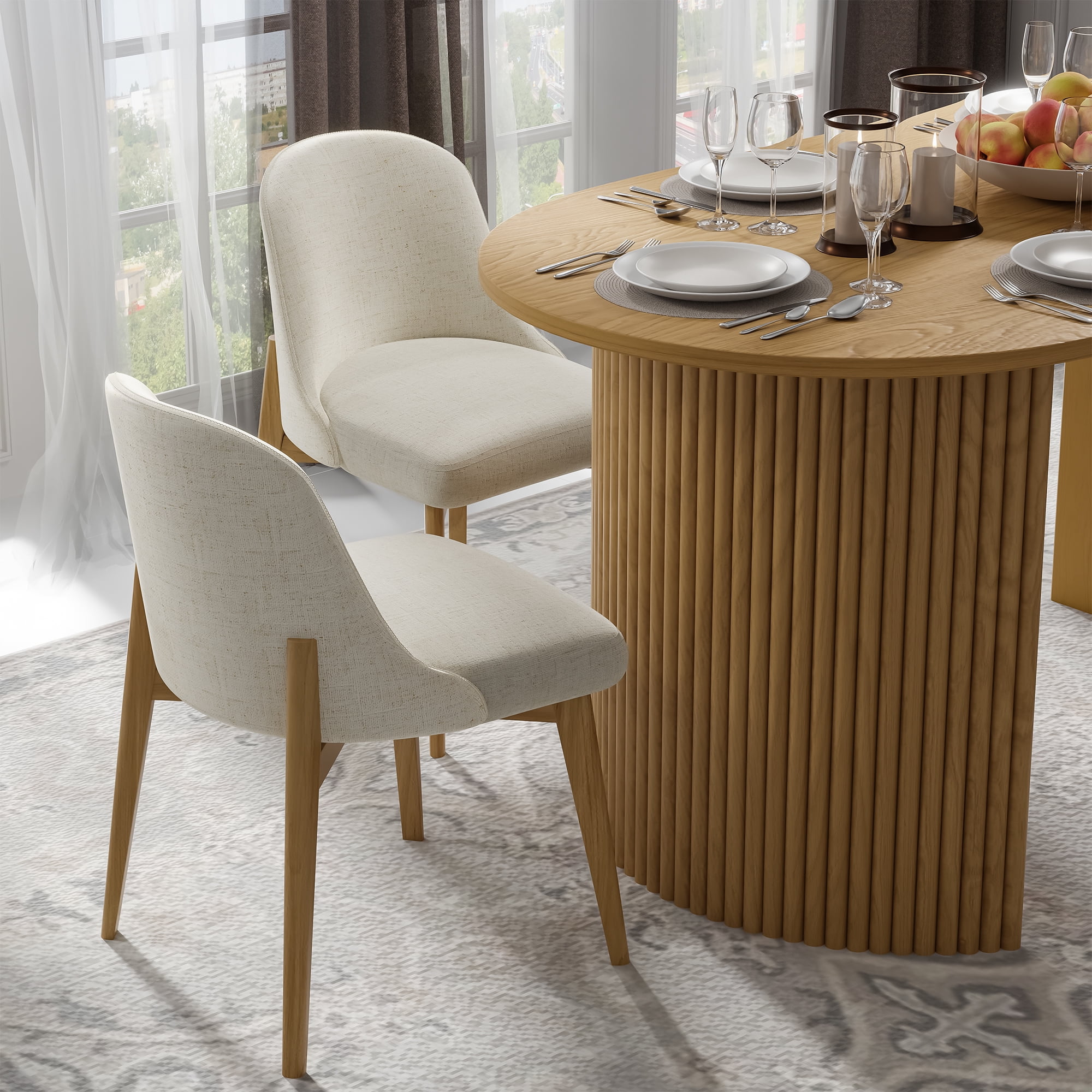 Upholstered Wood Side Chairs Dining Chairs Modern Living Room Kitchen Chairs, Oak Color (Set of 2)
