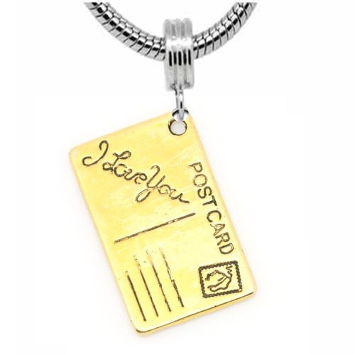 I Love You Postcard Charm Gold Tone Dangle Charm European Bead Compatible for Most European Snake Chain Bracelets