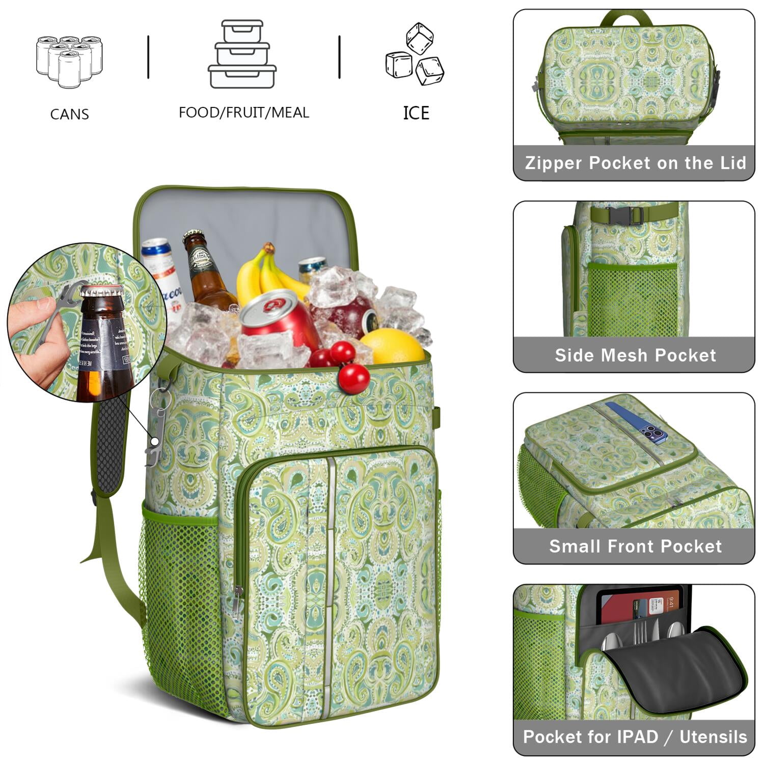 Travel Cooler Bag - Boho Bohemia Flower Camping Beer Cooler Backpack with Bottle Opener- Waterproof Insulated Picnic Backpacks - Cooler Bag for Beach