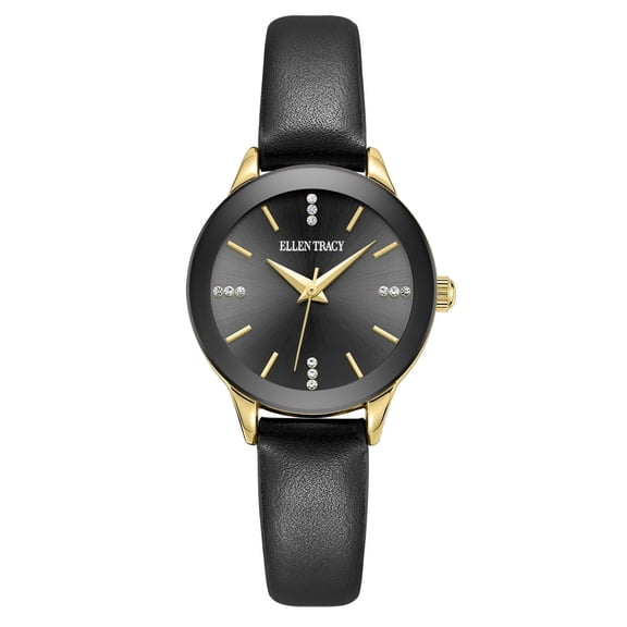 Ellen Tracy Diamond Collection Women’s Black Leather Watch – Round Black Sunray Dial with Crystals