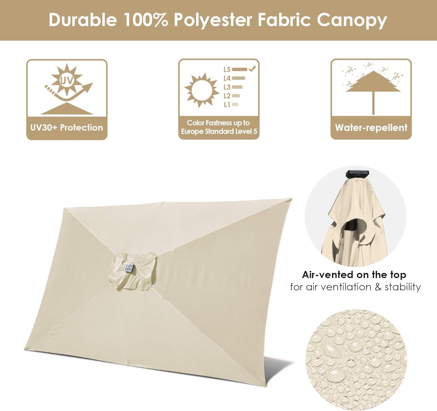 10x6.5 ft Outdoor Rectangle Solar Powered LED Patio Umbrella with Crank Tilt for Garden Backyard Table Market Pool, Beige