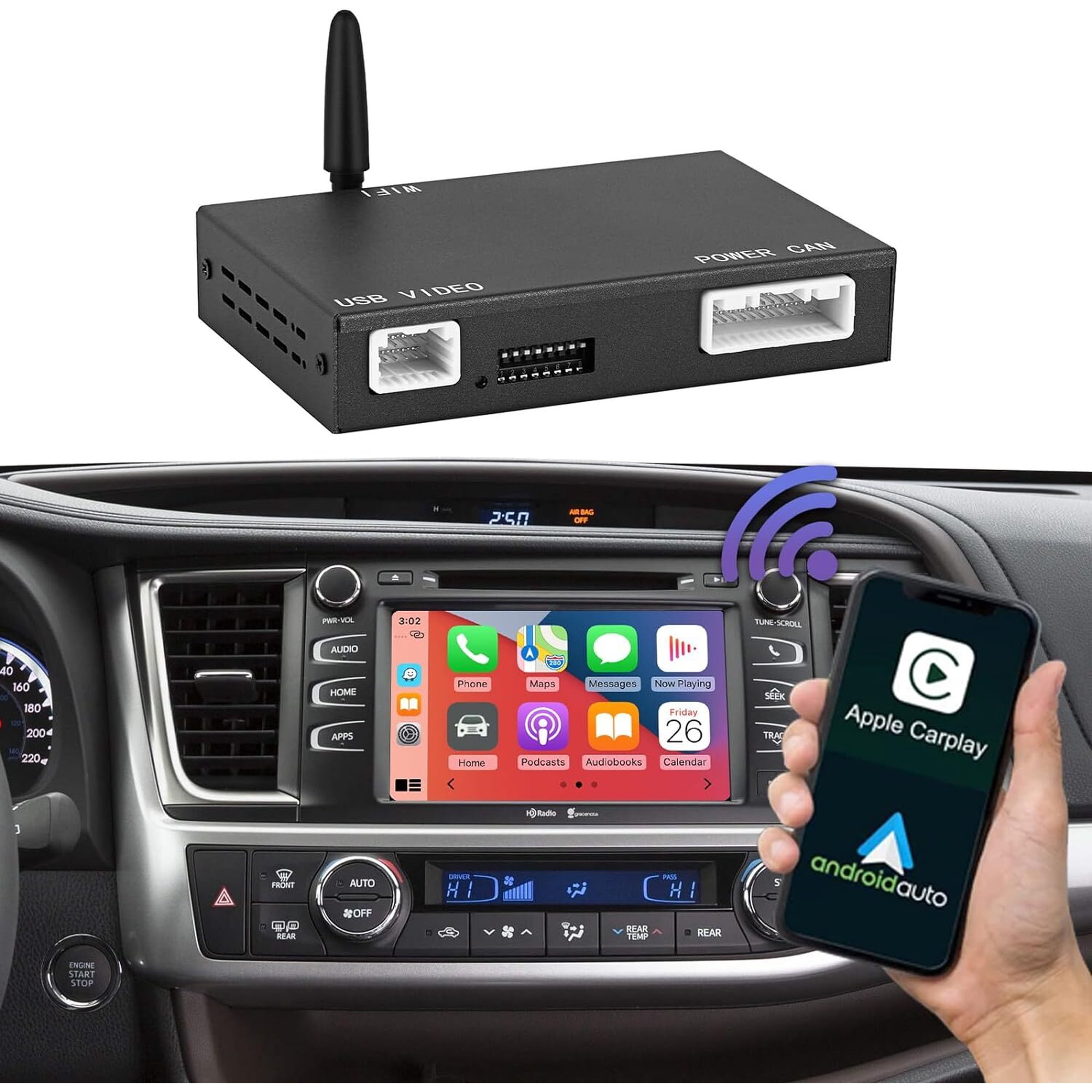 Road Top Wireless Carplay Android Auto Adapter for Toyota with Touch2 & Entune2.0 System 2014-2019 Year, Support Navigation, Mirrorlink, Camera, Bluetooth, USB