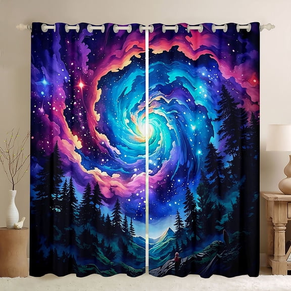 Homewish Dreamy Watercolor Aurora Black Out Curtains,Natural Scenery Curtains Pack of 2 (42x63 Each),Tropical Plant Pine Tree Bedroom Curtains For Girls Kids,Super Cozy Room Decor