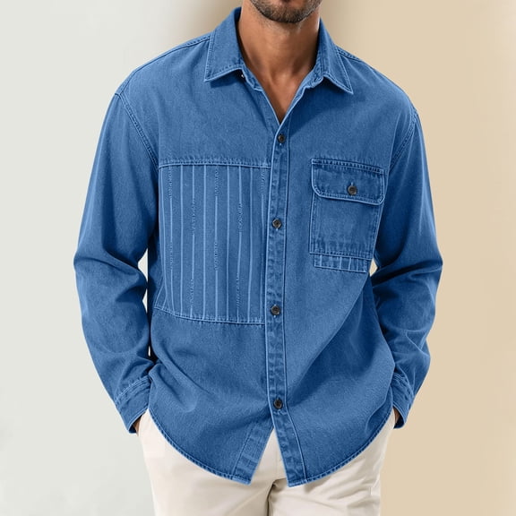 Maqroz Mens Dress Shirts Basic Denim Long Sleeve Button Up Tops Solid Classic Point Collar Blouses with Single Chest Pocket Formal Workwear