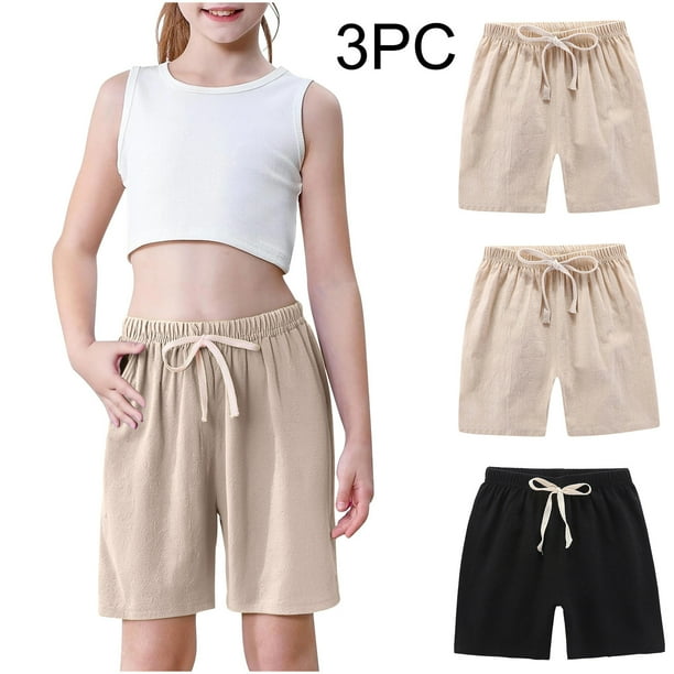 Odeerbi 2-10 Años Niños Niñas 3 Pcs Verano Algodón Lino Pantalones Cortos Entrenamiento Deportivos Cortos Lindo Color Sólido Pantalones Cortos Suaves Respirables